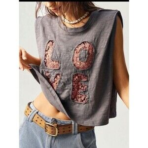 Grey Cropped Muscle T With “Love” Lace Cutout Women’s Sz S Distressed Edgy NWOT